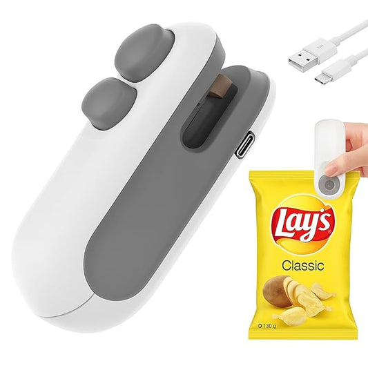 Portable Mini Food Sealing Machine – USB Rechargeable Bag Sealer & Cutter for Polythene, Snack & Food Packets, White & Grey