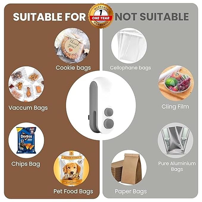 Portable Mini Food Sealing Machine – USB Rechargeable Bag Sealer & Cutter for Polythene, Snack & Food Packets, White & Grey