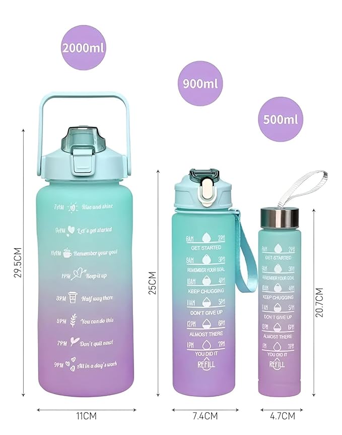 3 PCS Motivational Water Bottle Set – 500ml, 900ml, 2L  Leakproof Gradient Color BPA-Free Bottles