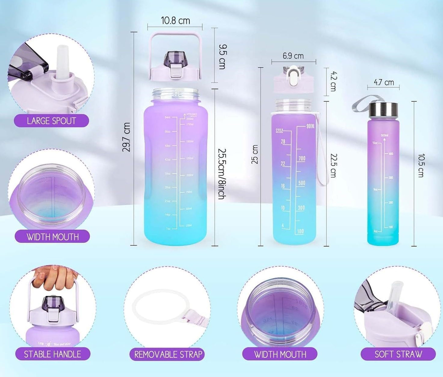 3 PCS Motivational Water Bottle Set – 500ml, 900ml, 2L  Leakproof Gradient Color BPA-Free Bottles