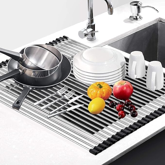Foldable Stainless Steel Kitchen Sink Rack – Roll-Up Over-the-Sink Dish Drying Rack & Drainer Mat