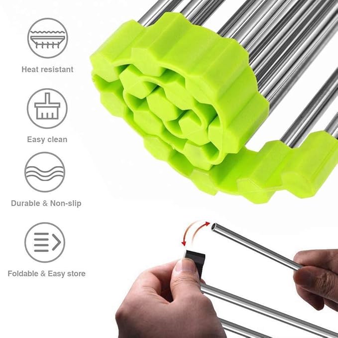 Foldable Stainless Steel Kitchen Sink Rack – Roll-Up Over-the-Sink Dish Drying Rack & Drainer Mat