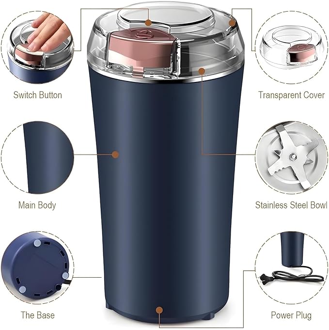 Electric Coffee Grinder 200W – Portable Spice & Bean Grinder with Stainless Steel Blades  Multipurpose with Overheating Protection