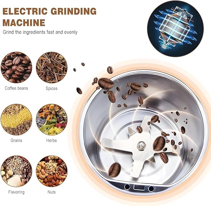 Electric Coffee Grinder 200W – Portable Spice & Bean Grinder with Stainless Steel Blades  Multipurpose with Overheating Protection