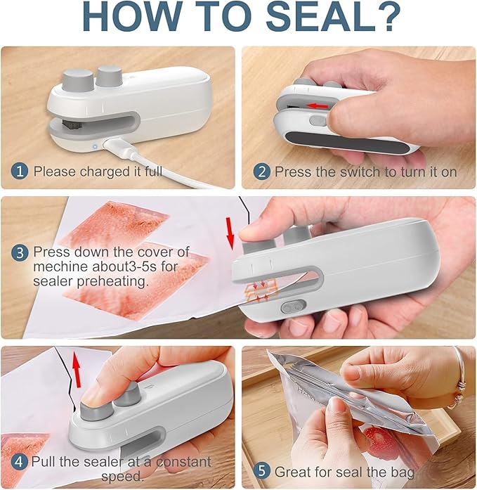 Portable Mini Food Sealing Machine – USB Rechargeable Bag Sealer & Cutter for Polythene, Snack & Food Packets, White & Grey