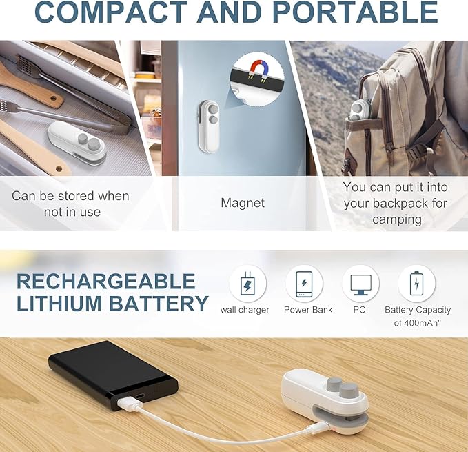 Portable Mini Food Sealing Machine – USB Rechargeable Bag Sealer & Cutter for Polythene, Snack & Food Packets, White & Grey