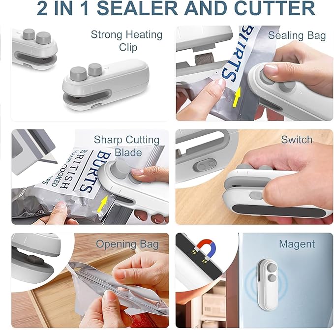 Portable Mini Food Sealing Machine – USB Rechargeable Bag Sealer & Cutter for Polythene, Snack & Food Packets, White & Grey
